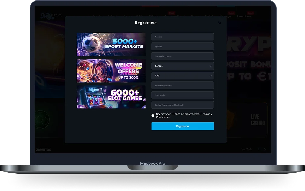 Mystake Casino con formulario de registro, más de 5000 mercados deportivos, ofertas de bienvenida y más de 6000 tragamonedas