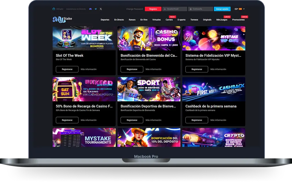 Mystake Casino con página de promociones que incluye bonos, cashback, recargas, torneos y programa VIP